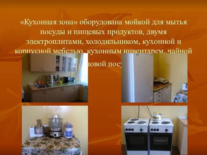 «Кухонная зона» оборудована мойкой для мытья посуды и пищевых продуктов, двумя электроплитами, холодильником,
