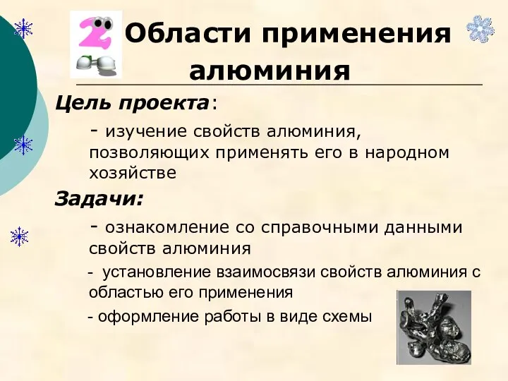 Области применения алюминия Цель проекта: - изучение свойств алюминия, позволяющих