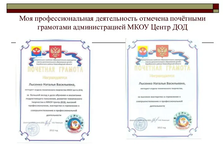 Моя профессиональная деятельность отмечена почётными грамотами администрацией МКОУ Центр ДОД