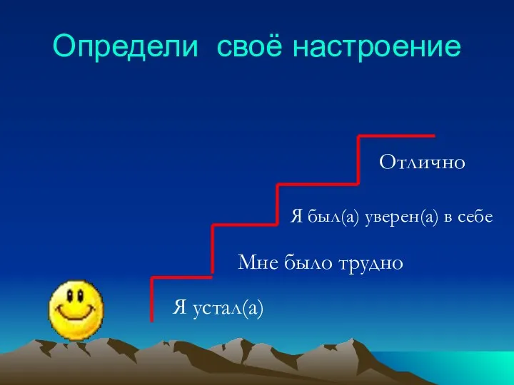 Определи своё настроение Отлично Я устал(а) Мне было трудно Я был(а) уверен(а) в себе