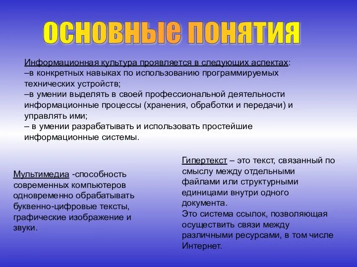 основные понятия Мультимедиа -способность современных компьютеров одновременно обрабатывать буквенно-цифровые тексты,