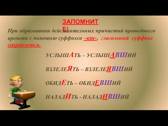 ЗАПОМНИТЕ! При образовании действительных причастий прошедшего времени с помощью суффикса