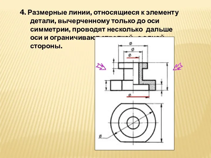 4. Размерные линии, относящиеся к элементу детали, вычерченному только до