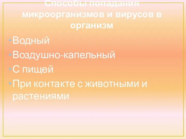 Способы попадания микроорганизмов и вирусов в организм Водный Воздушно-капельный С