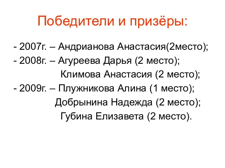 Победители и призёры: - 2007г. – Андрианова Анастасия(2место); - 2008г.