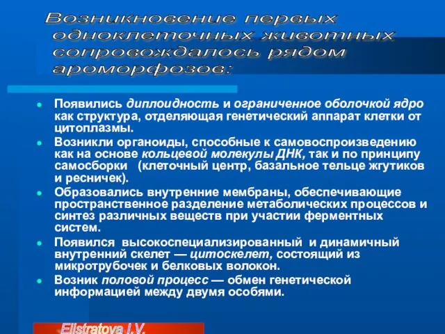 Появились диплоидность и ограниченное оболочкой ядро как структура, отделяющая генетический