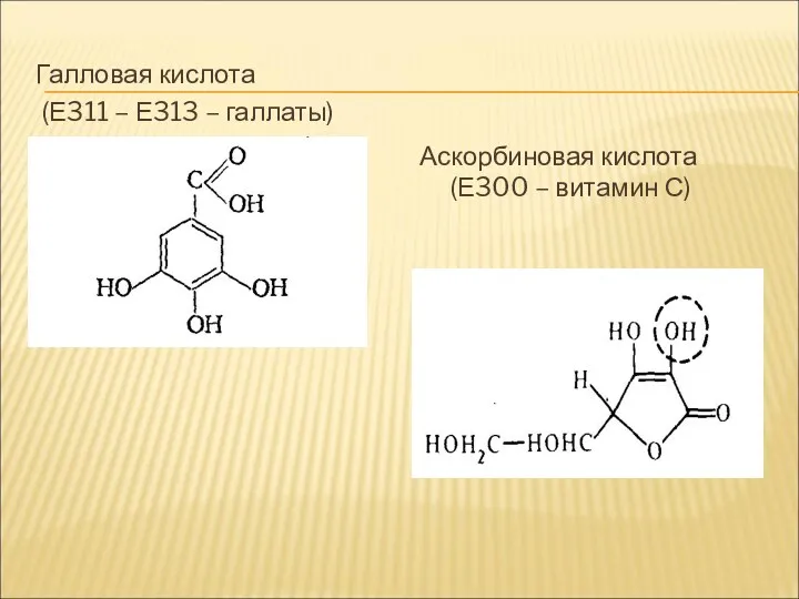 Галловая кислота (Е311 – Е313 – галлаты) Аскорбиновая кислота (Е300 – витамин С)