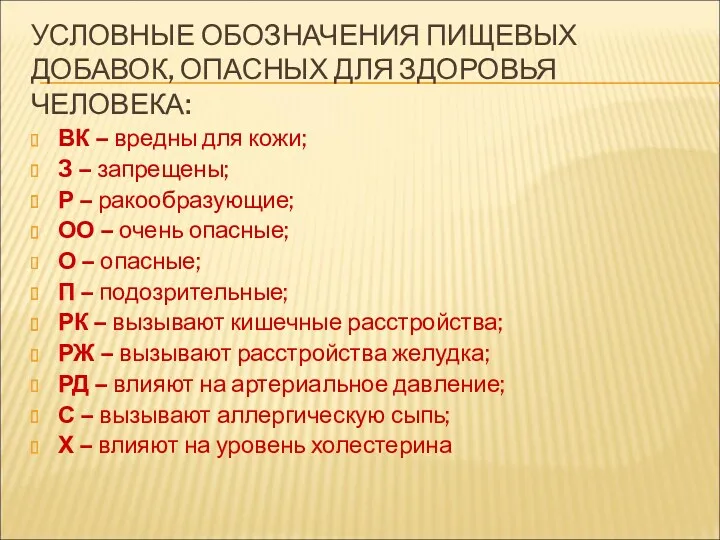 УСЛОВНЫЕ ОБОЗНАЧЕНИЯ ПИЩЕВЫХ ДОБАВОК, ОПАСНЫХ ДЛЯ ЗДОРОВЬЯ ЧЕЛОВЕКА: ВК –