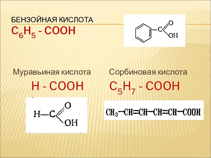 БЕНЗОЙНАЯ КИСЛОТА C6H5 - COOH Муравьиная кислота H - COOH Сорбиновая кислота C5H7 - COOH