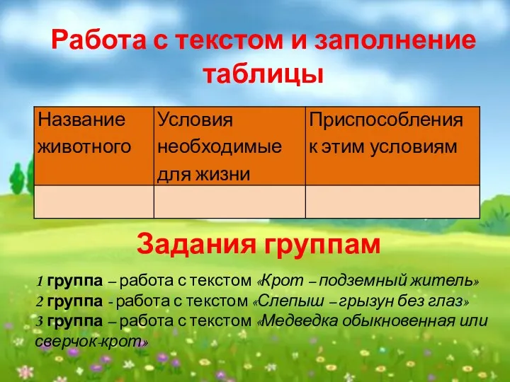 Работа с текстом и заполнение таблицы Задания группам 1 группа