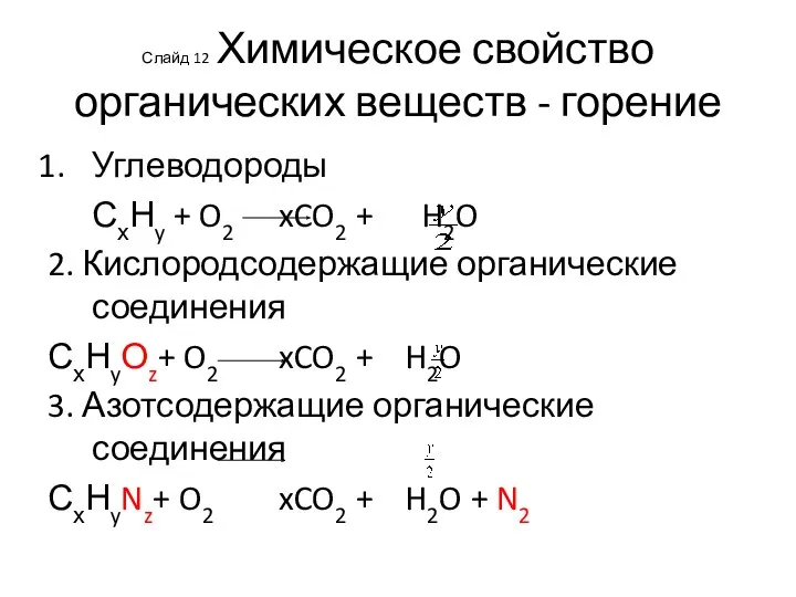 Слайд 12 Химическое свойство органических веществ - горение Углеводороды СхНy + O2 xCO2