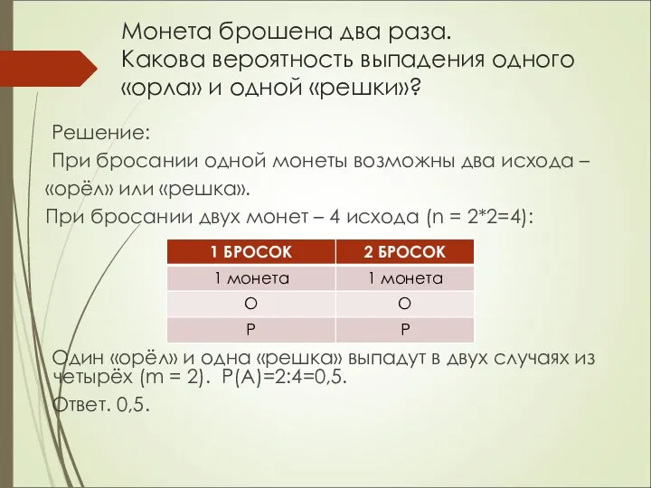 Монета брошена два раза. Какова вероятность выпадения одного «орла» и одной «решки»? Решение: