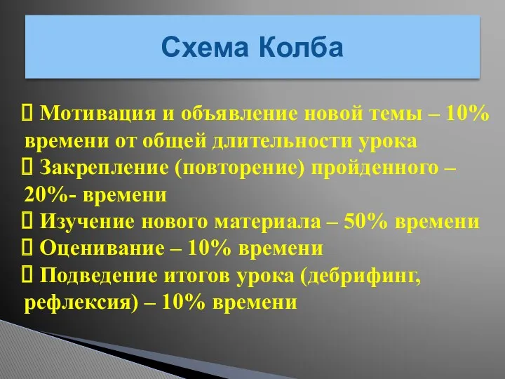 Схема Колба Мотивация и объявление новой темы – 10% времени