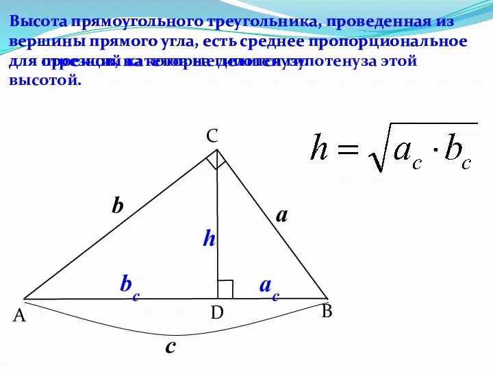 B C A D Высота прямоугольного треугольника, проведенная из вершины