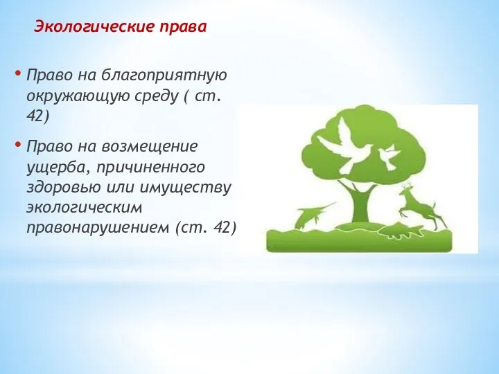 Экологические права Право на благоприятную окружающую среду ( ст. 42)