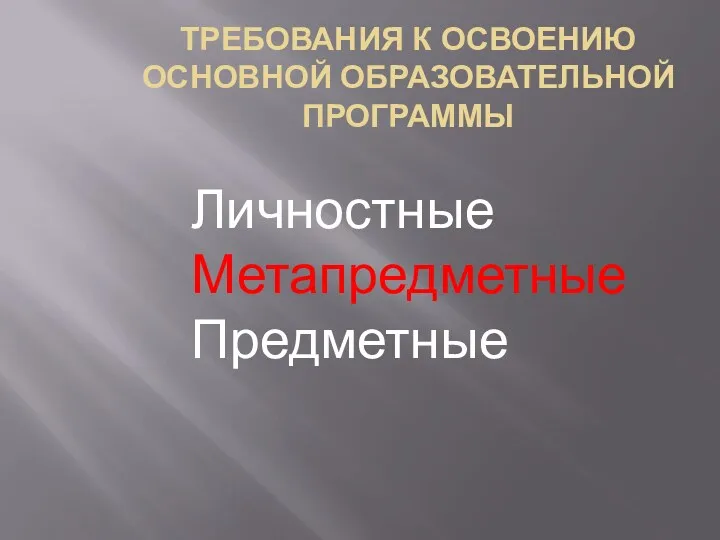 ТРЕБОВАНИЯ К ОСВОЕНИЮ ОСНОВНОЙ ОБРАЗОВАТЕЛЬНОЙ ПРОГРАММЫ Личностные Метапредметные Предметные