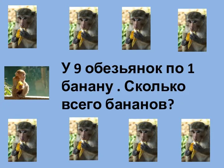 У 9 обезьянок по 1 банану . Сколько всего бананов?