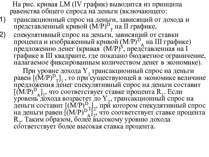 На рис. кривая LM (IV график) выводится из принципа равенства общего спроса на