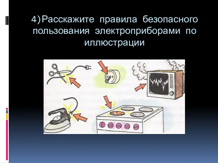 4)Расскажите правила безопасного пользования электроприборами по иллюстрации