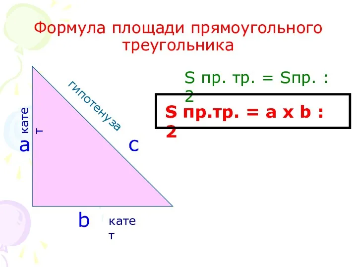 Формула площади прямоугольного треугольника a c b гипотенуза катет S пр. тр. =