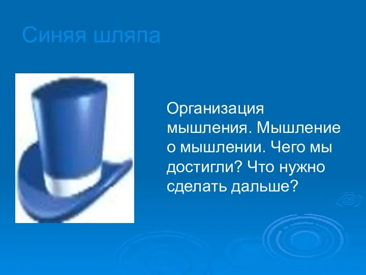 Синяя шляпа Организация мышления. Мышление о мышлении. Чего мы достигли? Что нужно сделать дальше?