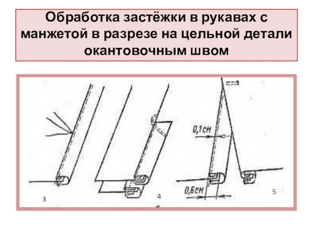 Обработка застёжки в рукавах с манжетой в разрезе на цельной детали окантовочным швом 3 4 5