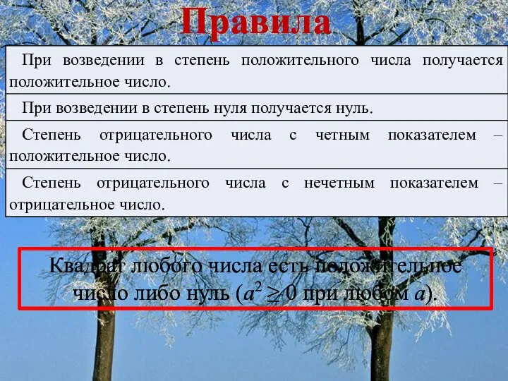 Правила Квадрат любого числа есть положительное число либо нуль (а2 ≥ 0 при любом а).