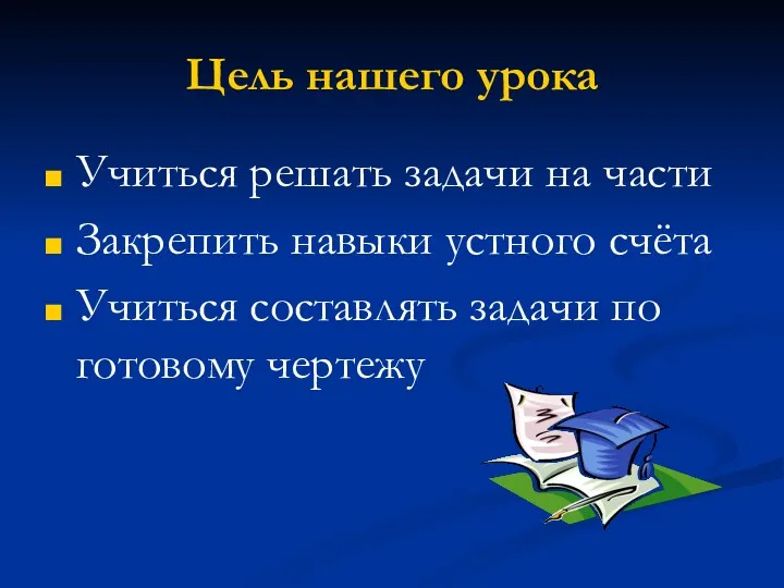 Цель нашего урока Учиться решать задачи на части Закрепить навыки