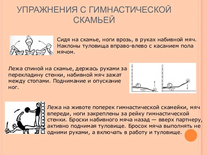 УПРАЖНЕНИЯ С ГИМНАСТИЧЕСКОЙ СКАМЬЕЙ Сидя на скамье, ноги врозь, в