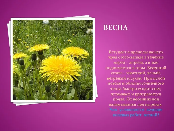 Весна Вступает в пределы нашего края с юго-запада в течение