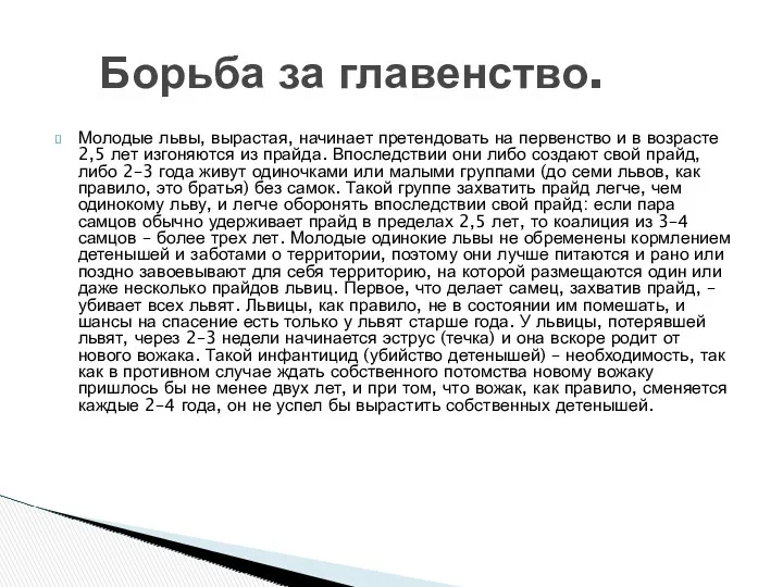 Молодые львы, вырастая, начинает претендовать на первенство и в возрасте