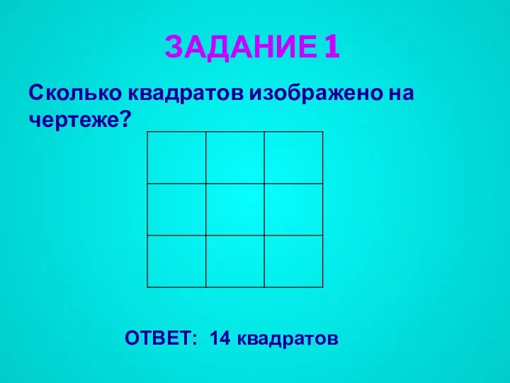 ЗАДАНИЕ 1 Сколько квадратов изображено на чертеже? ОТВЕТ: 14 квадратов