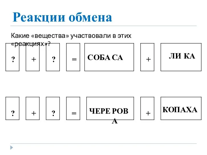 Реакции обмена Какие «вещества» участвовали в этих «реакциях»? СОБА СА ЛИ КА ЧЕРЕ РОВА КО ПАХА