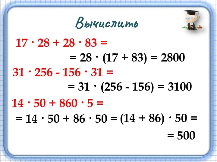 Вычислить 17 · 28 + 28 · 83 = = 28 · (17