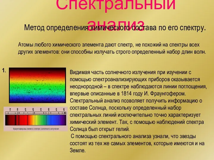 Спектральный анализ Метод определения химического состава по его спектру. Атомы