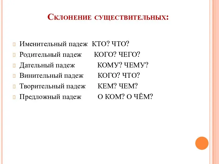 Склонение существительных: Именительный падеж КТО? ЧТО? Родительный падеж КОГО? ЧЕГО?