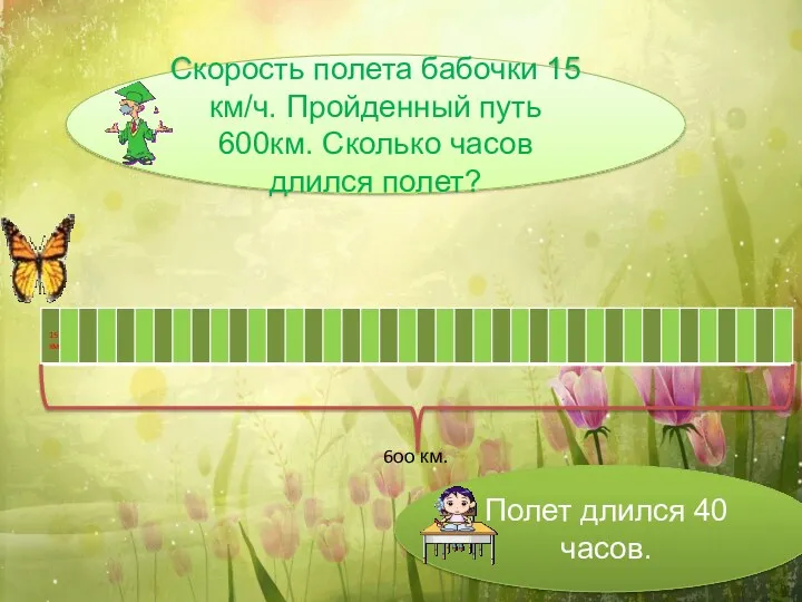 6оо км. 15 км Скорость полета бабочки 15 км/ч. Пройденный путь 600км. Сколько