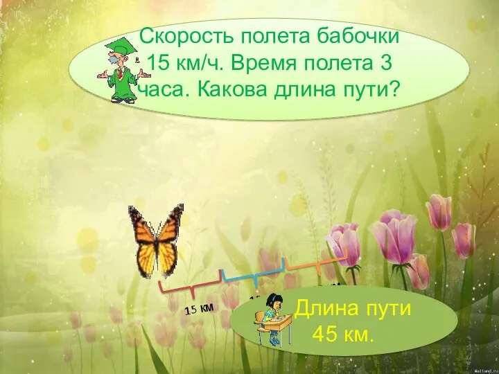 15 км 15 км 15 км . Скорость полета бабочки 15 км/ч. Время