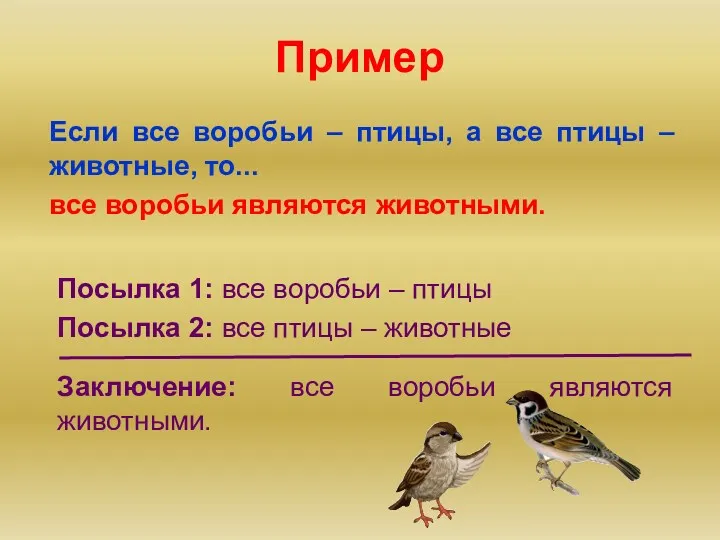 Пример Если все воробьи – птицы, а все птицы –