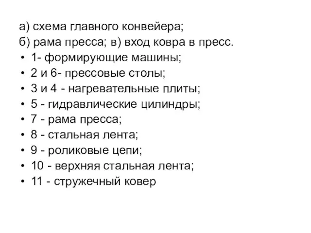 а) схема главного конвейера; б) рама пресса; в) вход ковра