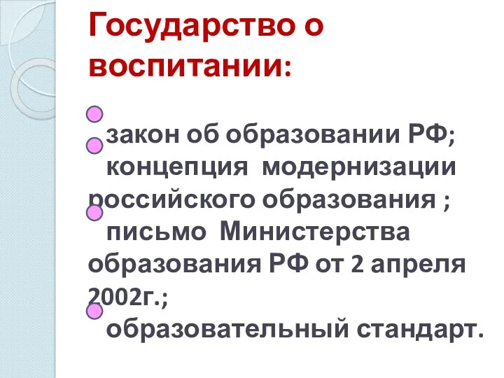 Государство о воспитании: закон об образовании РФ; концепция модернизации российского образования ; письмо