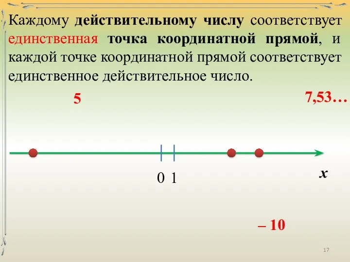 Каждому действительному числу соответствует единственная точка координатной прямой, и каждой