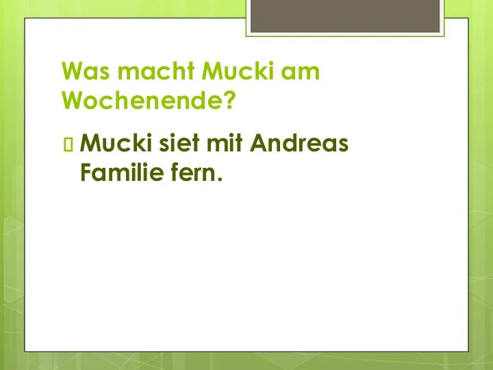 Was macht Mucki am Wochenende? Mucki siet mit Andreas Familie fern.