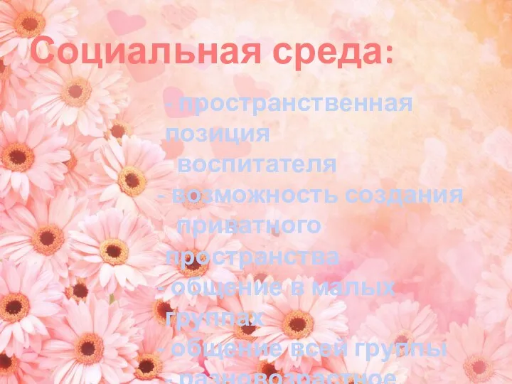 Социальная среда: - пространственная позиция воспитателя возможность создания приватного пространства