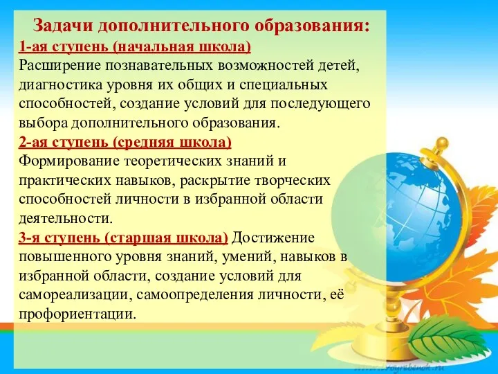 Задачи дополнительного образования: 1-ая ступень (начальная школа) Расширение познавательных возможностей