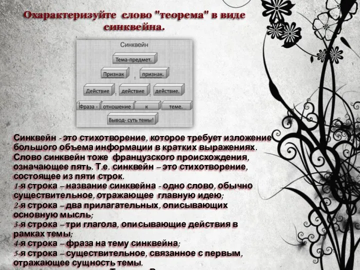 Охарактеризуйте слово "теорема" в виде синквейна. Синквейн - это стихотворение,