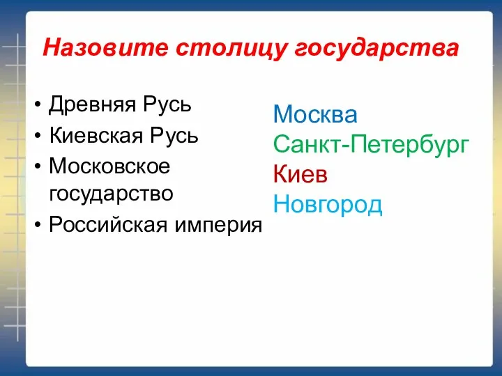 Назовите столицу государства Древняя Русь Киевская Русь Московское государство Российская империя Москва Санкт-Петербург Киев Новгород