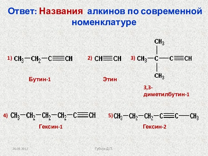 Ответ: Названия алкинов по современной номенклатуре Бутин-1 Этин 3,3-диметилбутин-1 Гексин-1