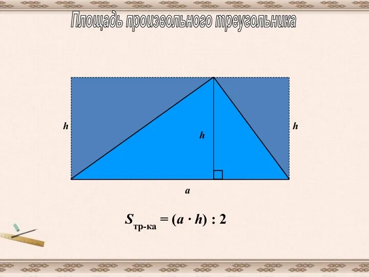 Площадь произвольного треугольника h h h a Sтр-ка = (a · h) : 2