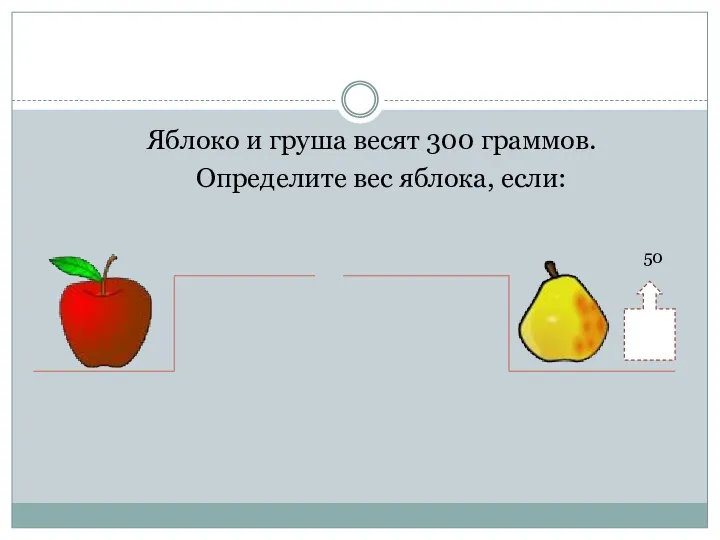 Яблоко и груша весят 300 граммов. Определите вес яблока, если: 50